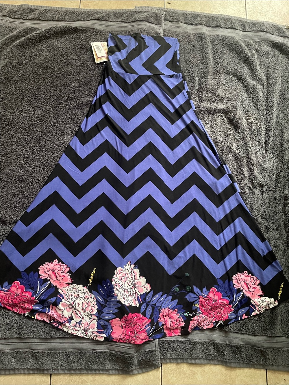 LuLaRoe Strapless Chevron Maxi Skirt in Black, Blue & Pink Floral